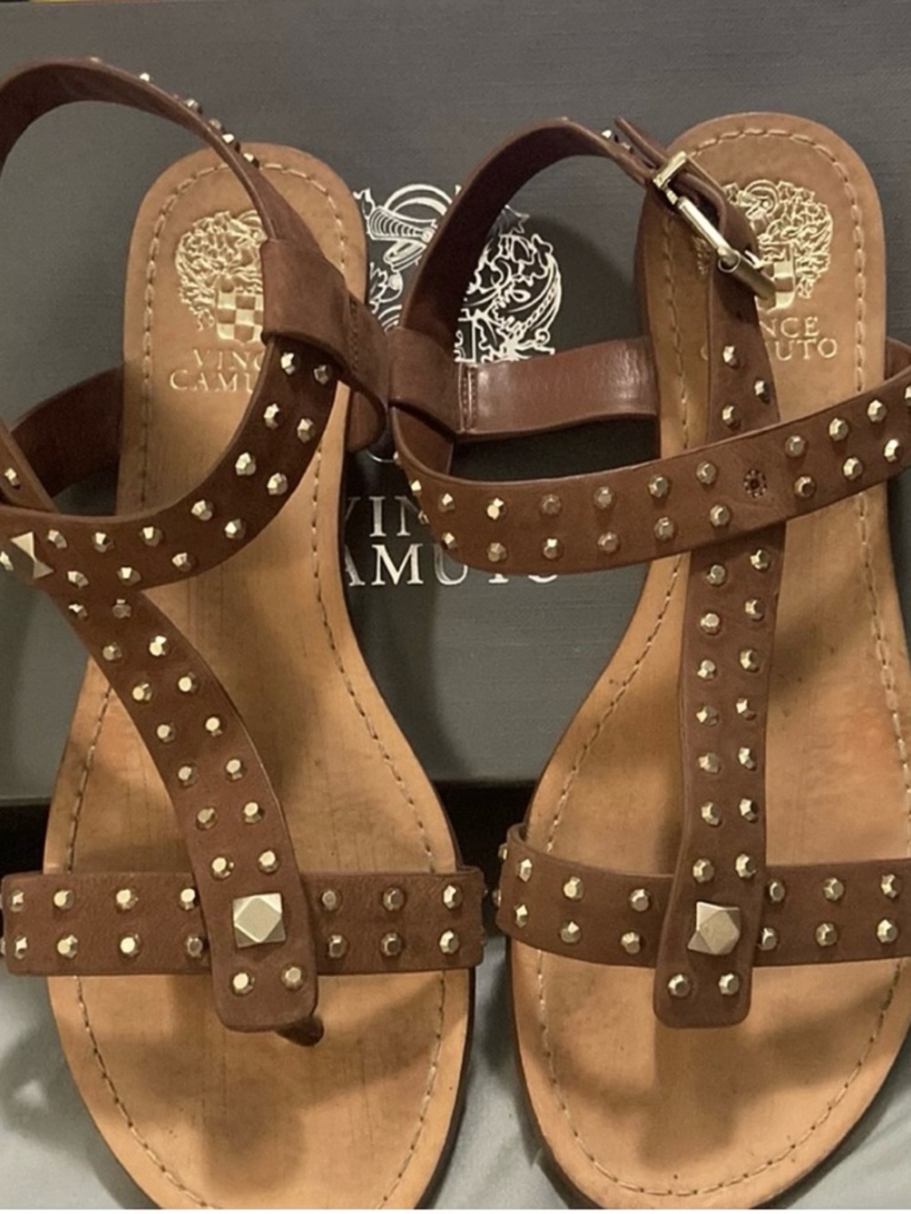 Vince Camuto Brown Leather Studded T-Strap Sandals